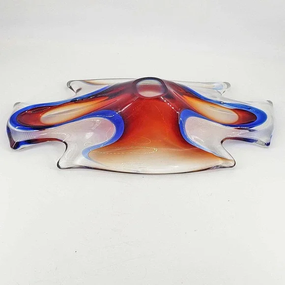 Abstract Blue Red Orange Hand Blown Art Glass Bowl/Candy Dish Polished Pontil - Picture 4 of 5